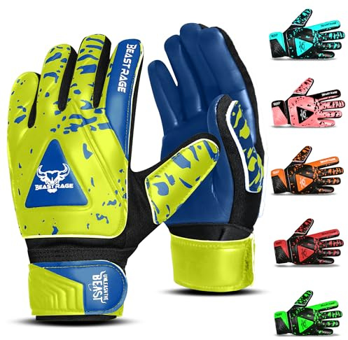 BEAST RAGE Goalkeeper Gloves for Kids Boys Youth,Soccer Goalie Gloves Kids,Double Wrist Support,Strong Grip,Padded Palm football gloves boys (Neon Yellow/Blue, Size 4 suitable for 6 to 9 Years old)