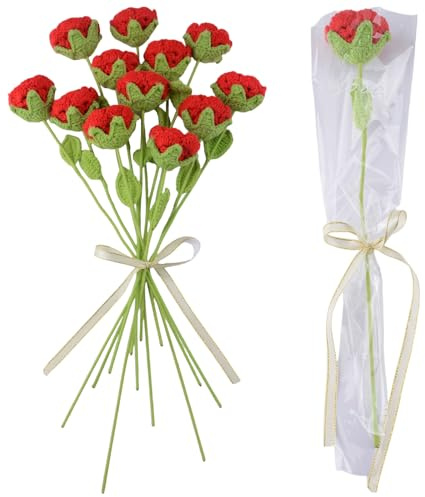 HICOHAND Virkade rosblommor, 12 st handgjorda stickade röda rosor bukett färdig gör-det-själv konstgjord virkad blomma bukett gåvor för födelsedag bröllop alla hjärtans dag