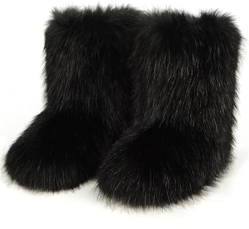 JIANCHIBUXIE Furry Faux Fur Boots for Women,Winter Fuzzy Fluffy Snow Boots for Woman Fur Lined Mid Calf Black Brown Fur Boots y2k (black, 6)