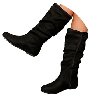 Flat Boots for Women Uk Slouchy Mid Calf Flat Boots for Women Uk High Top Cowboy Boot Clearance Mid Calf Boot Over the Knee Booties for Womens Low Chunky Heel Round Toe Slip on Western Footwear