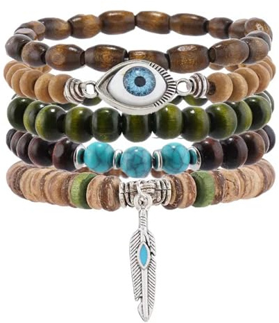 RubyTint Boho Wooden Beaded Bracelets Set With Blue Evil Eye And Feather Charm - Multi-Layer Elastic Handmade Stackable Bracelets For Women And Men In Natural Brown Green Turquoise Tones