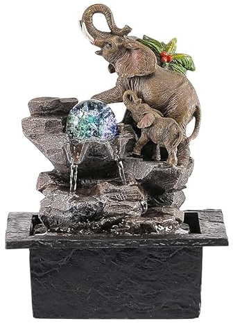 【Color Changing LED & Crystal Ball】 Elephant Table Fountain, Resin Waterfall Sculpture with 2 Elephants, Quiet Pump Feng Shui Decor for Home, Office Desk