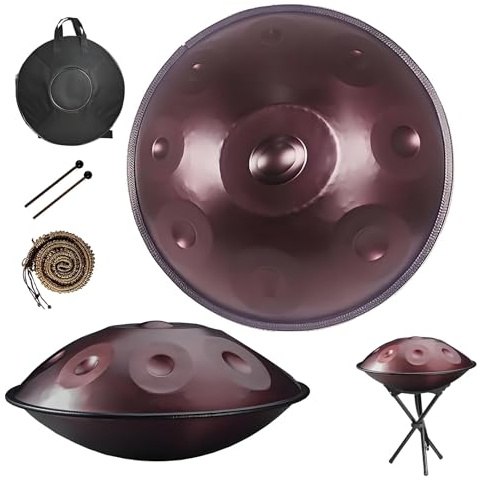 Handpan Drum 432Hz/440Hz, 22 Inch 9/10/12 Notes Tongue Drums, Steel Percussion Instrument with Stand, Professional Hand Pan Set for Meditation Yoga Sound Healing Music Therapy(Brown,432HZ/10Note)