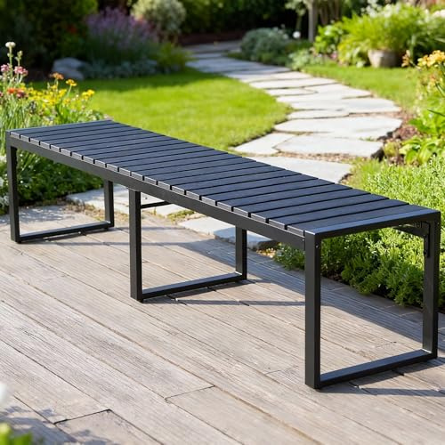 Mingone Banco de Jardín Exterior de 3 Plazas, Resistente a la Intemperie – Banco Exterior Rústico de Madera Plástica para Terraza, Patio o Parque, 180 cm