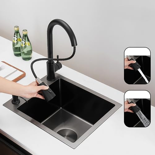 KUYBTU Kitchen Sink, Side Bar Sink, Black Single Bowl Kitchen Sink, Balcony Washbasin; Recessed Undercounter Sink with Pullout Faucet and Soap Dispenser -36x36x21cm