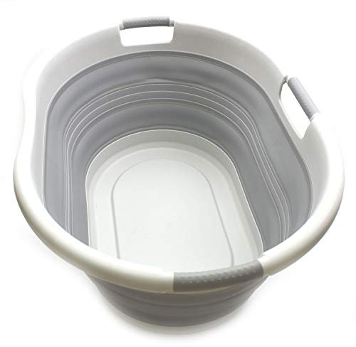 SAMMART 57L Faltbarer Wäschekorb aus Kunststoff mit drei Griffen - Ovale Wanne/Korb - Faltbarer Aufbewahrungsbehälter/Organizer - Tragbare Waschwanne - Platzsparender Wäschekorb (Grau)