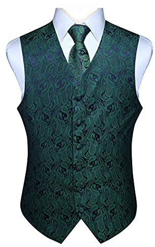 Enlision Herren Paisley Blumenhochzeit Jacquard Weste & Krawatte und Pocket Square Weste Anzug Set Grun