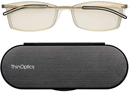 ThinOptics Blue Light Reading Glasses 2.0 for Computers Gaming and Screens with Slim 4mm Magnetic Case - Ultra Thin Readers & Blue Light Blocking Spectacles with Clear Frame & Brushed Aluminium Case