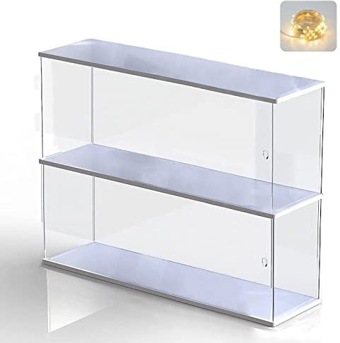 Acryl Vitrine Schaukasten mit Licht 2 Stufen, Transparent Display Case Box Sammlervitrine für Popmart Collectibles, Mini Vitrine Klein mit Tür für Lego Figuren, Actionfiguren (Weiß, 39.5x9.6x27.5cm)