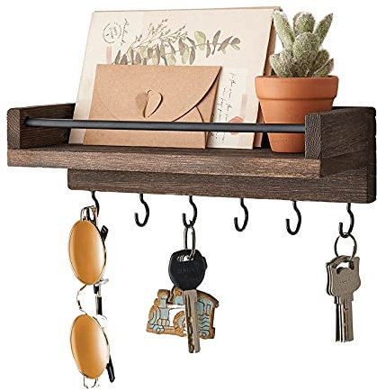 Mkono Key Holder for Wall Small Key Rack with 6 Hooks Decorative Display Keys Hanger Organizer Mail Holder for Hallway Entryway Living Room Office Home Decor (Brown, S)