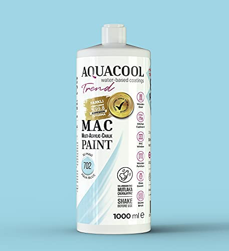 Happy Woody AquaCool - Pintura acrílica multisuperficie, tiza, mate, de secado rápido, para uso interior y exterior en muebles, madera, plástico, vidrio, cerámica, piedra (1000 ml, azul aguamarina