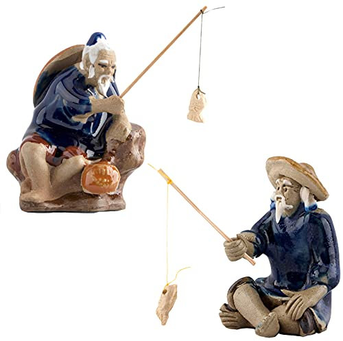 Statue de Pêcheur 2 Pièces avec Figurines de Jardin, Poisson et Nain - Ornement Vieil Homme pour Décorations Bonsaï, Micro Paysage et Aquarium
