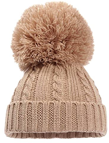 Aelstores Baby stickad pom pom hatt vantar pojkar flickor vinter tofs varm mössa mössor kabelstickade vantar för pojke flicka nyfödd - 24 månader, Brun pom pom hatt, 0-12 månader