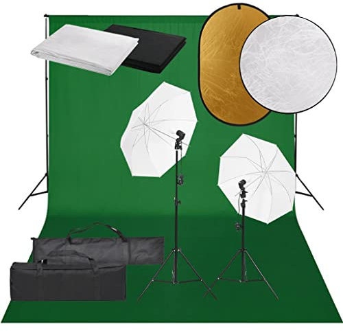 vidaXL Kit de Estudio Fotográfico con Set de Luces, Fondo y Reflector Soporte Pantalla Foto Video Sistema Lámparas Luz Iluminación Plegable