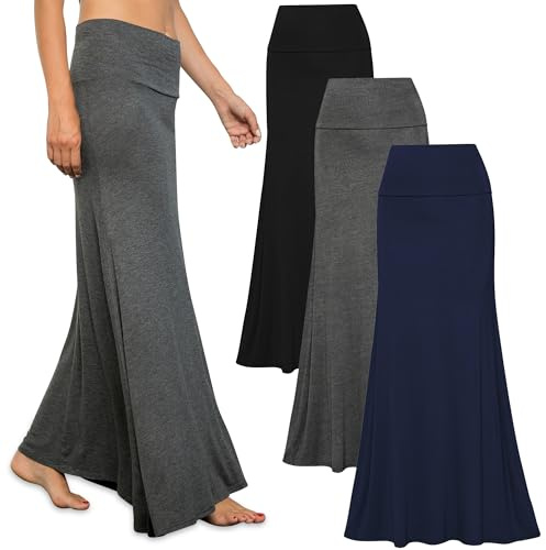 Free to Live 3 Pack Long Skirts for Women Fall Winter Flowy Maxi Skirt High Waist Fold Over (XL, Black, Charcoal, Navy)