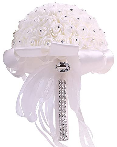 Uposao Bouquet Artificiel, Bouquet De Mariée Bouquet Mariage pour Mariée Mariée Demoiselle d'honneur Bouquet De Mariage Fait à La Main avec Ruban De Diamant Décoration De Mariage