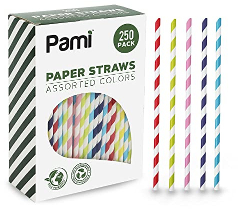 PAMI Compostable Paper Straws,Assorted Colors,Biodegradable,Sturdy,250-Pack