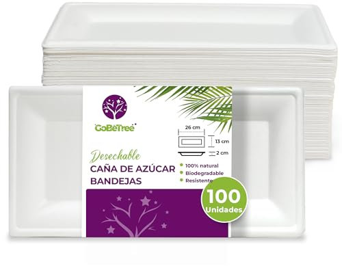 GoBeTree 100 Bandejas Desechables rectangulares de Papel de caña de azúcar de 26 x 13 cm. Vajilla desechable Biodegradable extrafuerte de Color Blanco. Bandejas para Fiestas y desayunos.