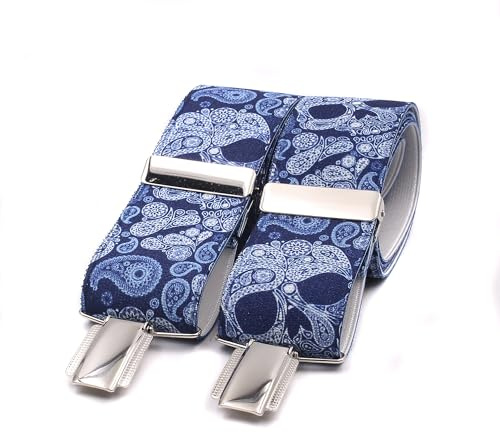 Tirantes Hombre Hechos a mano en España. Tirantes para pantalones hombre | 3 Pinzas extrafuertes | Color azul con calaveras y Cachemire (Cachemir Calaveras)