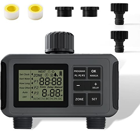 YIYEGO Bewässerungscomputer 2 Ausgänge, Smarte Bewässerungsautomat 3/4 Zoll Anschluss, Bis zu 6 Bewässerungsprogramme pro Tag, Programmierbar Wasser Zeitschaltuhr für Garten, Gewächshaus, Rasen