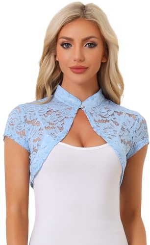 Allegra K Cardigan da donna in pizzo con colletto alla coreana corto elegante bolero coprispalle, Blu, S