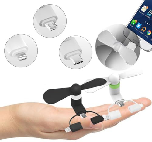 Comioke 2 st mini telefonfläkt, 3-i-1 mobiltelefonfläkt, kompatibel med iPhone/iPad/Android smartphone/surfplatta, mikro-USB/typ C/Lightningsport, USB-fläktar