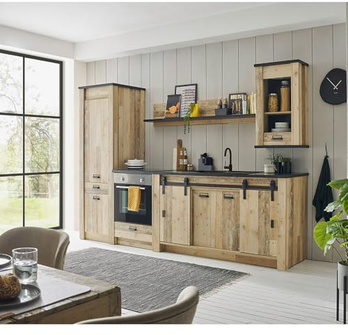 Lomadox Küchenzeile im Industrial Stil in Old Style hell mit anthrazit Küchenschrank Küchenmöbel Stauraumschrank Wandregal Spültisch Hängeschrank modern