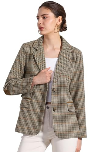 Allegra K Blazer de Bureau Formelle Femme Veste à Carreaux avec Col Rever Cranté et Poches Blazer Business Boutonné Marron L
