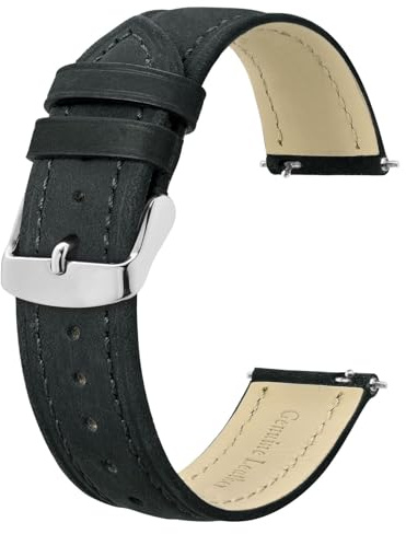 BISONSTRAP Extra Long Watch Bands 20mm, Leather Watch Straps for Men, XL Replacement Strap for Large Wrists, Black (Silver Buckle)