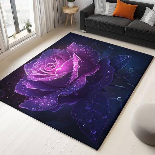Teppich 80 x 150 cm Teppiche Rutschfester Waschbarer Ultraweicher Superfeiner Kaschmir, Fantasie Rose Blume Niedriger Flor Flächen Teppich für Wohnzimmer Schlafzimmer Kinderzimmer, Lila