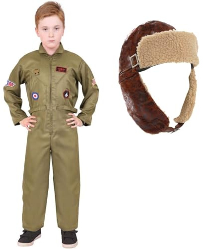 Costume de pilote de l'armée VE Day pour enfant - Petite combinaison verte avec patchs attachés, chapeau d'aviateur en cuir marron - Déguisement historique militaire pour garçons et filles