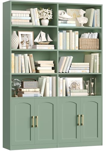 FACBOTALL Bookshelf and Bookcase with Doors, 6 Tier Double Wide Large Bookshelves, Open Display Shelves, 73'' Tall Bookshelf with Storage Cabinets for Home Office, Living Room, Library, Green