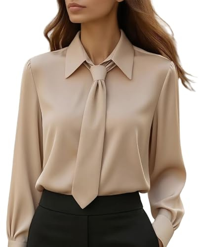 Generico Camicia da Donna in Raso Camicetta Seta con Scollo a V Curvy Leggero Primavera Blusa Cravatta Manica Lunga Button Down Maglietta Ufficio Classico Slik Top Business Sciolto Casual