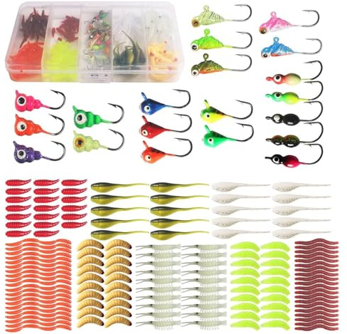 RASTKY 190 Pièces Kit de Démarrage de Leurres de Pêche sur Glace, Ensemble D'appâts de Natation à Barbes Pointues pour Perche à Truite Basse, pour Les Pêcheurs, Matériau en Silicone (160 pièces)