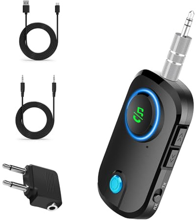 Trasmettitore Ricevitore Bluetooth 5.3, 2-in-1 Adattatore Bluetooth Auto, Cuffie Aereo con Supporto 2 Auricolari, Jack 3.5 mm AUX, Adattatore Wireless per TV, Autoradio, Home Theater, Lettori MP3