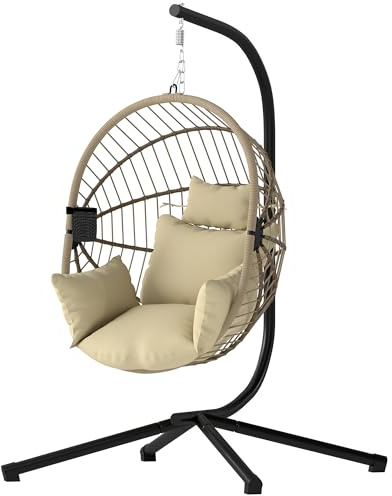 Outsunny - Sillón colgante, silla colgante para hamaca, cesta plegable, cojín acolchado, bolsillo, almohada, silla colgante para interior y exterior, color caqui