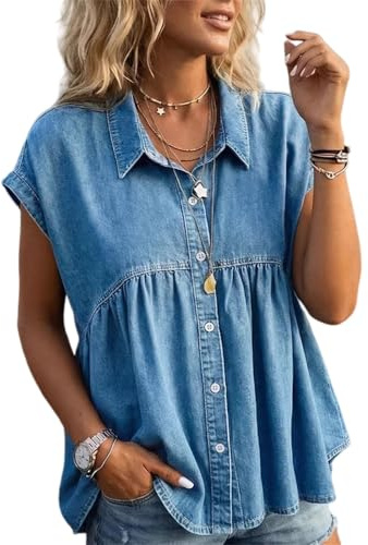 Camisa Vaquera Abotonada para Mujer | Diseño Babydoll Peplum | Solapa y Manga Corta | Blusa Casual de Mezclilla | Estilo Veraniego, Fluido y con Volantes (Light Blue,3XL)
