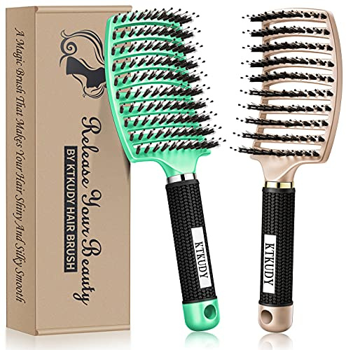 KTKUDY Detangling Brush Getting Knots Out without Pain - Boar Bristles HairBrush Make Hair Shiny & Healthier Vented Detangler Brush for Women Men Kids Wet and Dry Hair (Gold & Green)