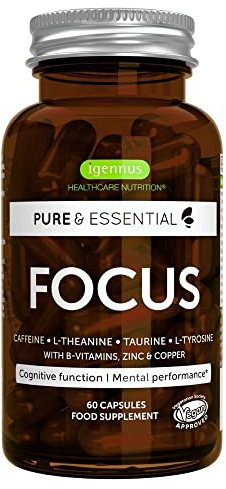 Focus - Integratore nootropico completo con 200mg di Caffeina,L-Teanina, Taurina, L-Tirosina piú vitamine B, zinco e rame. Energia, Concentrazione e Memoria. 60 capsule vegane - Igennus