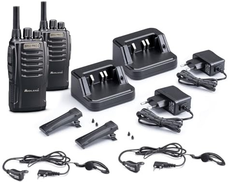 Midland - 2 Radioaficionados, Walkie Talkie Profesional BR02 Pro Z con Auriculares con Cable, 32 Canales PMR446, Pilas Recargables, Función SCAN, Clip para Cintura, Comunicación Fluida para Negocios