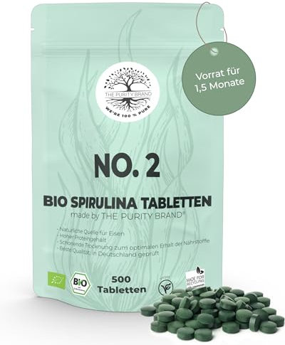 Bio Spirulina 500 Presslinge - Nahrungsergänzungsmittel mit Eisen, Vitamin B12 & hohem Proteingehalt - 1,5 Monate Vorrat - 4,8g empfohlene Tagesdosis - Vegan & laborgeprüft - The Purity Brand