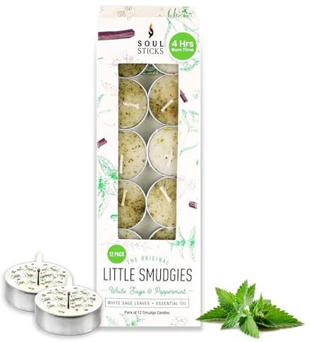 SOUL STICKS 12 Pack Little Smudgies Tealight Candles Smudge Candle for Cleansing House, Meditation, Chakra Healing | Made with Crystals and Herbs (White Sage & Peppermint)