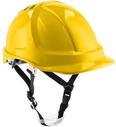 HÖGERT TECHNIK Casque de Protection PLONER Jaune, Casque de Construction en ABS, en 397, système à cliquet, Ventilation, mentonnière, Casque de Travail pour Chantier et Industriel, Casque de sécurité