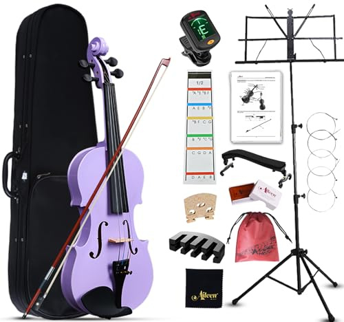 Aileen Violin 1/2 för barn 6–10 år, halvstorlek nybörjarsats, lila startset för skolan med 13 tillbehör, inklusive tangentbordsklistermärken