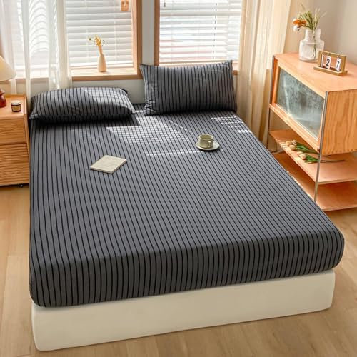 Mesnt Spannbetttücher 180x200 Baumwolle, Streifen-Muster Spannbetttücher Bettlaken Matratzenschoner, Dunkelgrau Schwarz