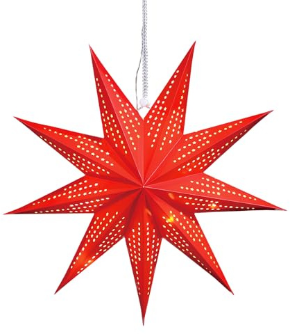 Étoile de Noël en papier à suspendre - Environ 45 cm de diamètre - Avec guirlande lumineuse à 10 LED - Fonctionne avec piles - Étoile en papier pliable - Idéale comme décoration de fenêtre (rouge)