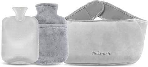 Behiruch Wärmflaschengürtel, 1.2 L Wärmflasche mit Bezug und Weichem Taillenbezug, 3 in 1 Wärmflasche Gürtel aus Gummi für Nacken Schulter Rücken Beine Taillenwärmung (Grau)