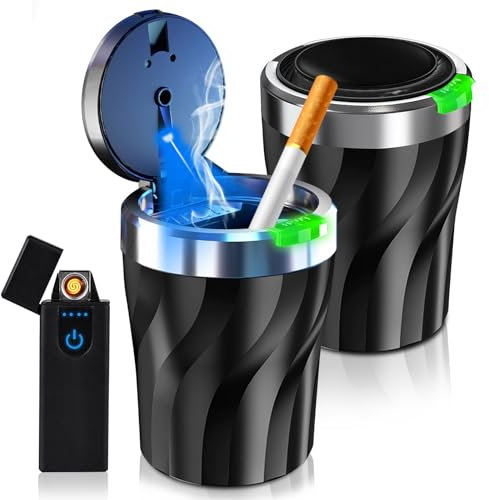 Auto Aschenbecher Mit Deckel, 2 Stück Aschenbecher Auto, Aschenbecher Für Auto, Autoaschenbecher Mit Led Licht, Tragbarer Auto Aschenbecher Mit Usb-Feuerzeug Für Auto, Büro, Outdoor Camping