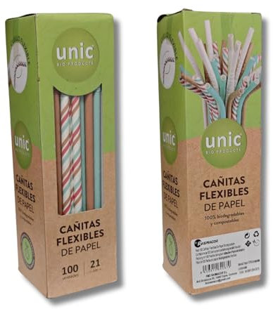 RASMACOR | Cannucce flessibili in carta multicolore | Confezione da 100 cannucce | 100% biodegradabili e compostabili, senza plastica, ecologiche | cannucce forti e resistenti | Ø 6 X 210 mm