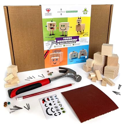 Ash & Co Kids Woodworking Kit with Real Tools – Hammer & Nails Included – Build Wooden Projects – Step-by-Step Tutorials – Ages 5-12